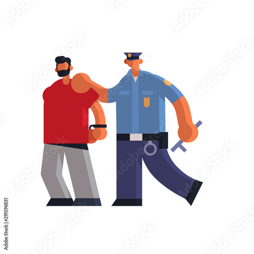 male police officer arrested criminal policeman in uniform holding caught suspect thief security authority justice law service concept flat full length white background