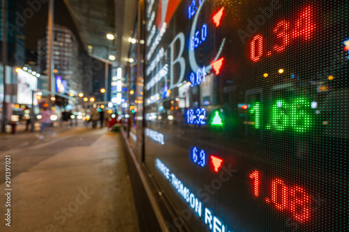 Obraz na płótnie Hong Kong display stock market exchange and charts information via led computer monitor in mong kok area of Hong Kong downtown district, business finance and industry concept w salonie