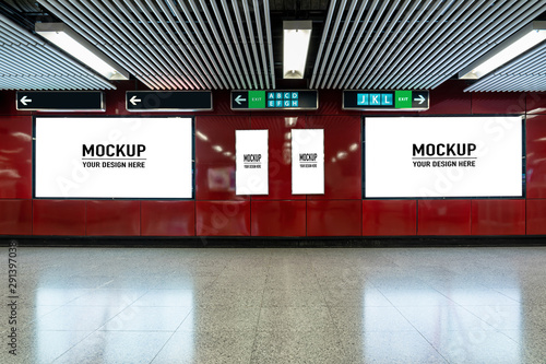 Blank billboard located in underground hall or subway for advertising, mockup concept, Low light speed shutter