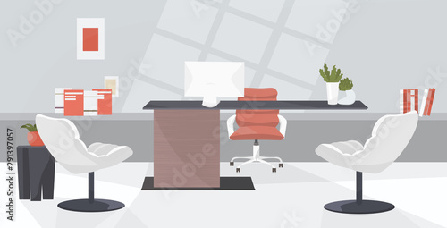 stylish workplace modern cabinet interior empty no people workspace office room with furniture flat horizontal