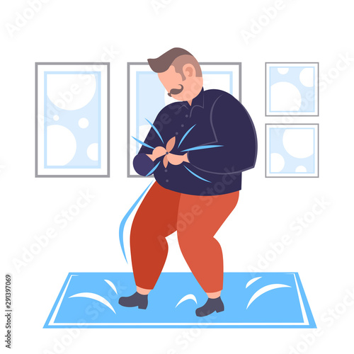fat obese man with big belly buttoning shirt overweight casual guy can't button up clothes unhealthy lifestyle weight loss obesity concept flat full length