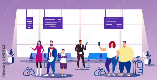 airport passengers at waiting hall departure lounge interior people travelers standing with baggage holiday vacation concept sketch horizontal full length