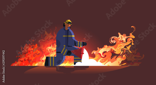 brave fireman holding red buckets with sand firefighter extinguishing fire firefighting emergency service concept orange flame background full length horizontal