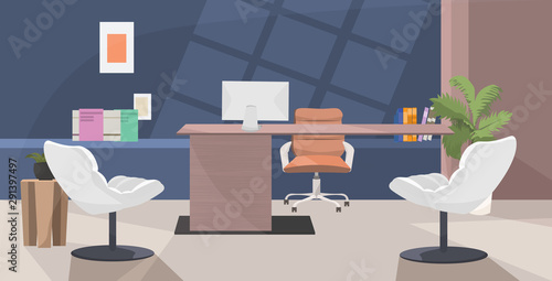 stylish workplace modern cabinet interior empty no people workspace office room with furniture flat horizontal