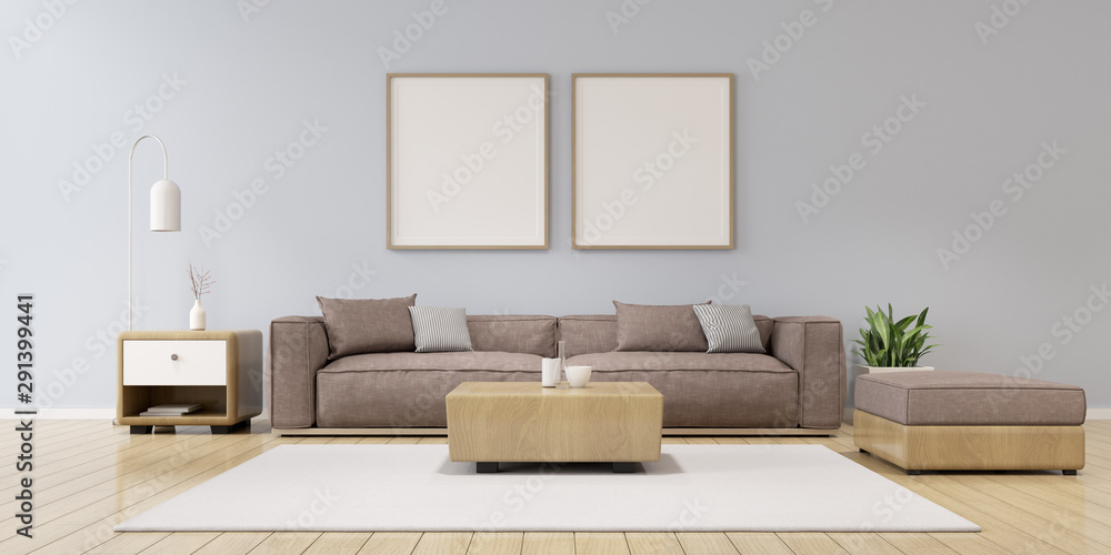 View of living room space with grey sofa set and wood side table on plain  wall with blank picture frame.Perspective of minimal Interior design. 3d  rendering. ilustración de Stock | Adobe Stock