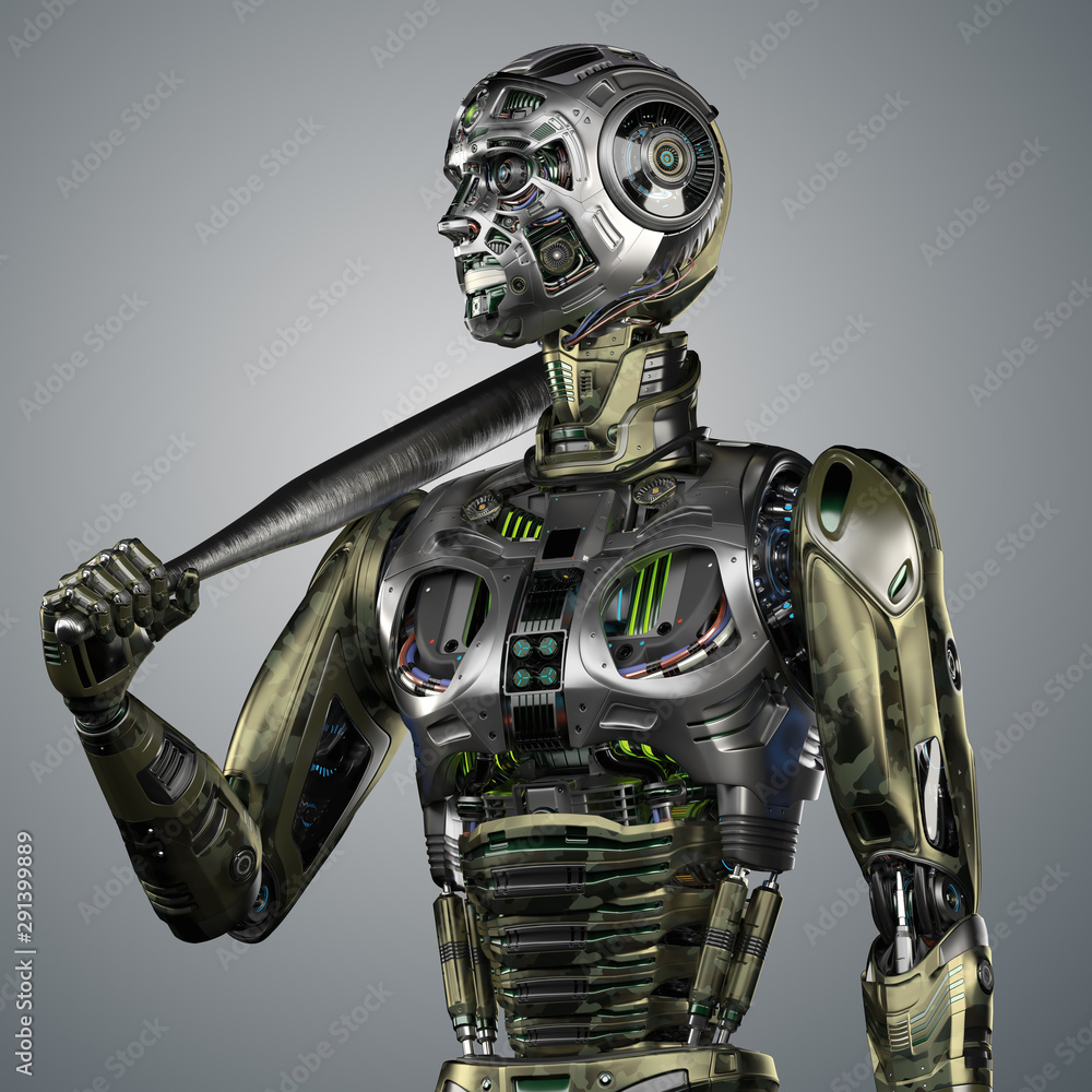 Detailed military robot or futuristic humanoid with baseball bat or smooth  metal club. Front view of the upper body isolated on color background. 3d  render Stock イラスト | Adobe Stock