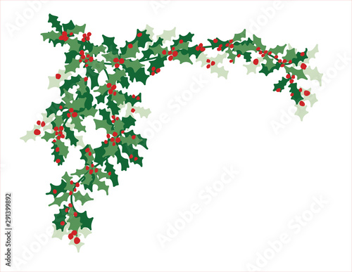 Christmas design element of green holly leaves and red berries in pretty  corner border illustration