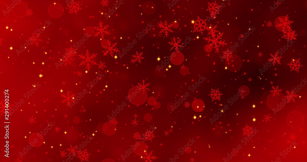Red snowflakes and bokeh lights on the red Merry Christmas background. 3D render - obrazy, fototapety, plakaty 