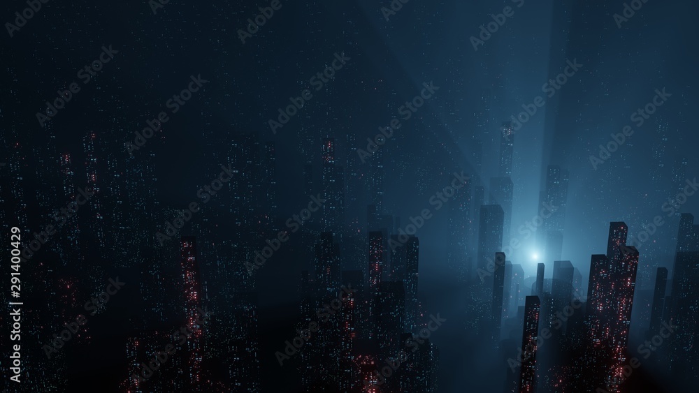 3D Rendering of abstract digital city with sky scrapping towers and glowing dots binary data in foggy ray light. Concept of big data, machine learning, artificial intelligence, virtual reality