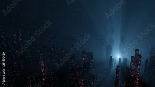 3D Rendering of abstract digital city with sky scrapping towers and glowing dots binary data in foggy ray light. Concept of big data  machine learning  artificial intelligence  virtual reality
