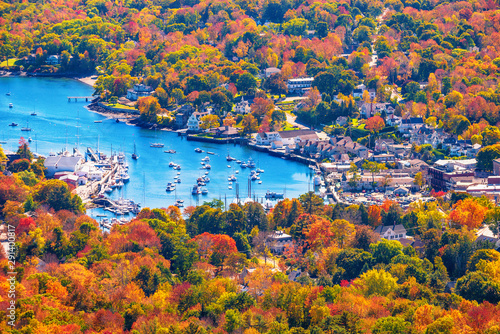View from Mount Battie overlooking Camden harbor, Maine. Beautiful New England autumn foliage colors in October. photo
