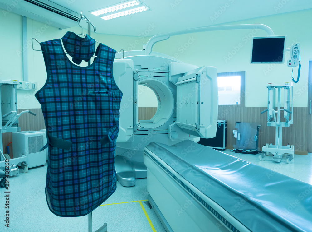 Xray room at radiology department in the hospital.Lead protection coat