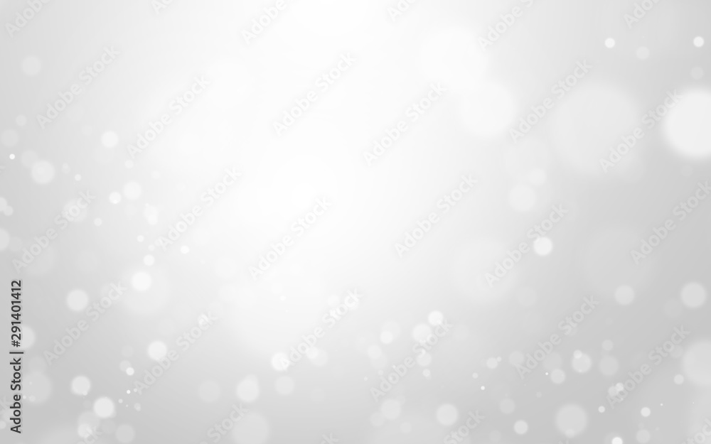 Silver light and white christmas background with blur bokeh beautiful texture. Glow sparkle backdrop. Winter concept. Element for ads, cosmetic advertising design, product, beauty, promotion, montage