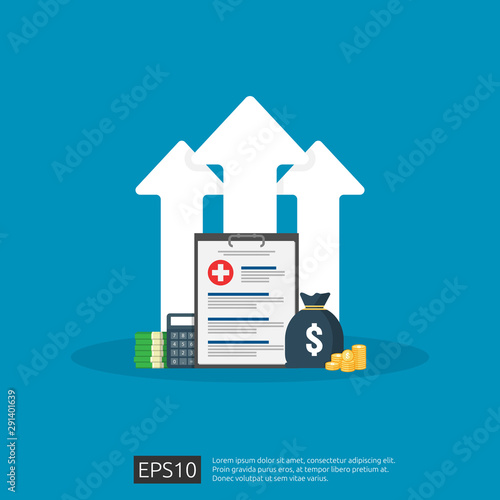 expensive growing up health medicine cost concept. healthcare spendings or expenses. medical clipboard document with money and calculator. Flat design vector illustration.