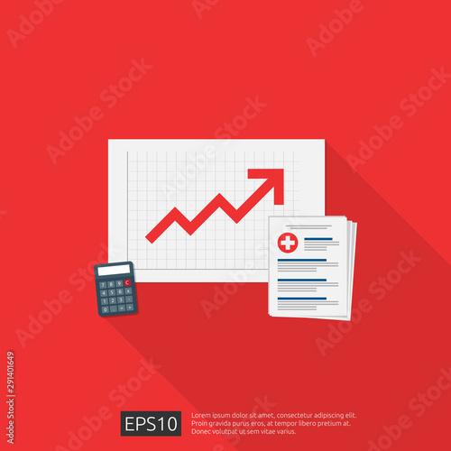 expensive growing up health medicine cost concept. healthcare spendings or expenses. medical clipboard document with money and calculator. Flat design vector illustration.