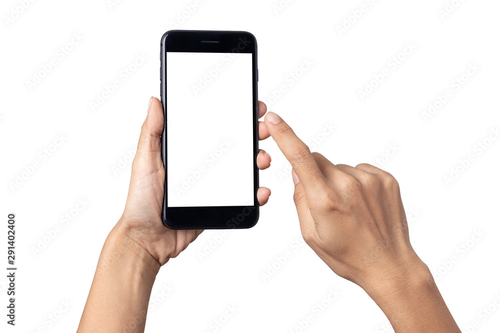 Hand woman holding smartphone with blank screen isolated on white background with clipping path Hand woman holding smartphone with blank screen isolated on white background with clipping path