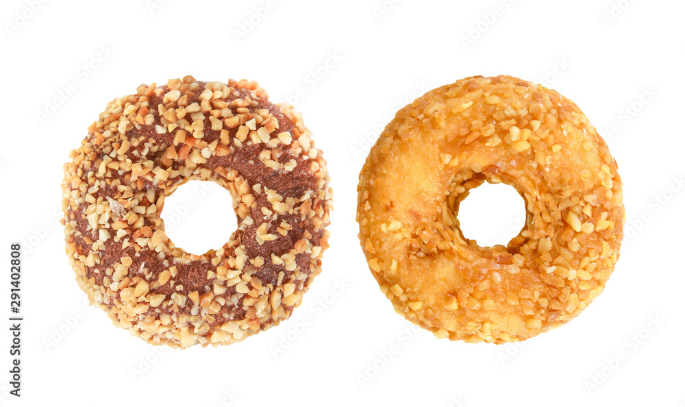 Donut nuts and chocolate isolated on white background with clipping path Donut nuts and chocolate isolated on white background with clipping path