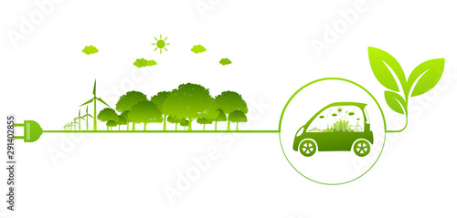 Ecology concept with eco car Environmental Cityscape Concept,Car Symbol With Green Leaves Around Cities Help The World With Eco-Friendly Idea
