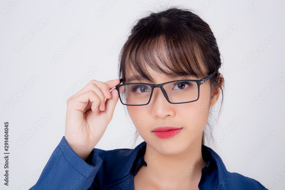 beautiful portrait young business asian woman standing wearing glasses with confident isolated on white background, asia businesswoman career secretary or accountant work success with smiling happy.