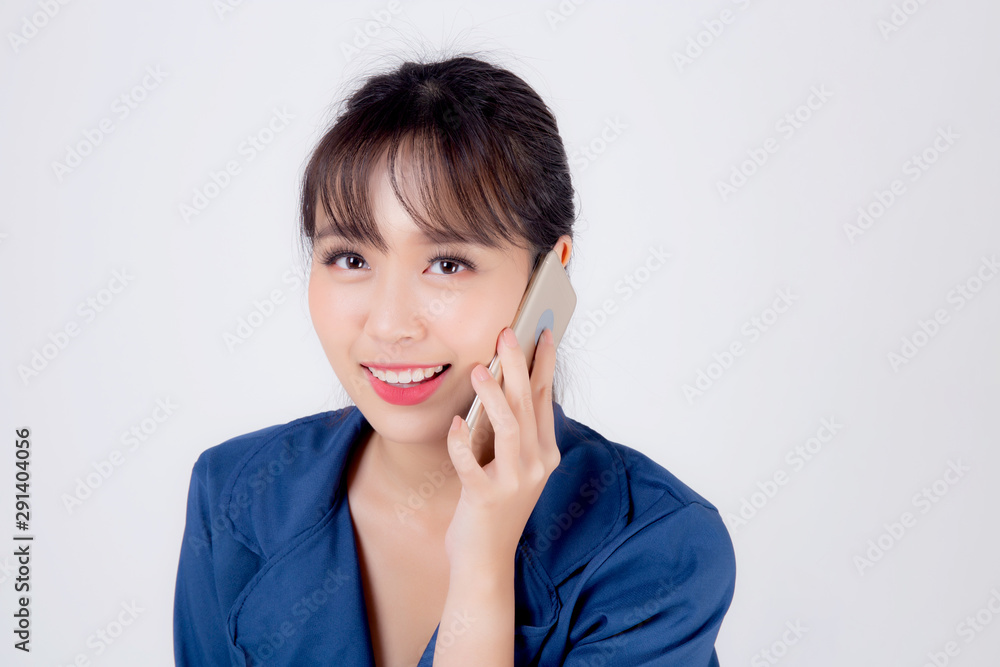 Beautiful portrait young asian business woman confident talking on smart mobile phone isolated on white background, secretary businesswoman work with phone call with happy, communication concept. Beautiful portrait young asian business woman confident talking on smart mobile phone isolated on white background, secretary businesswoman work with phone call with happy, communication concept.