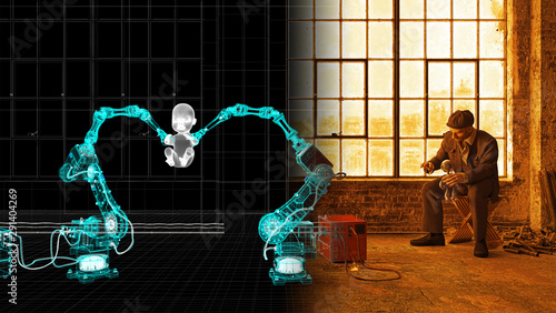 Schilderij op canvas Genetics, robotic manipulators create an artificial child, while an old man assembles a small robot