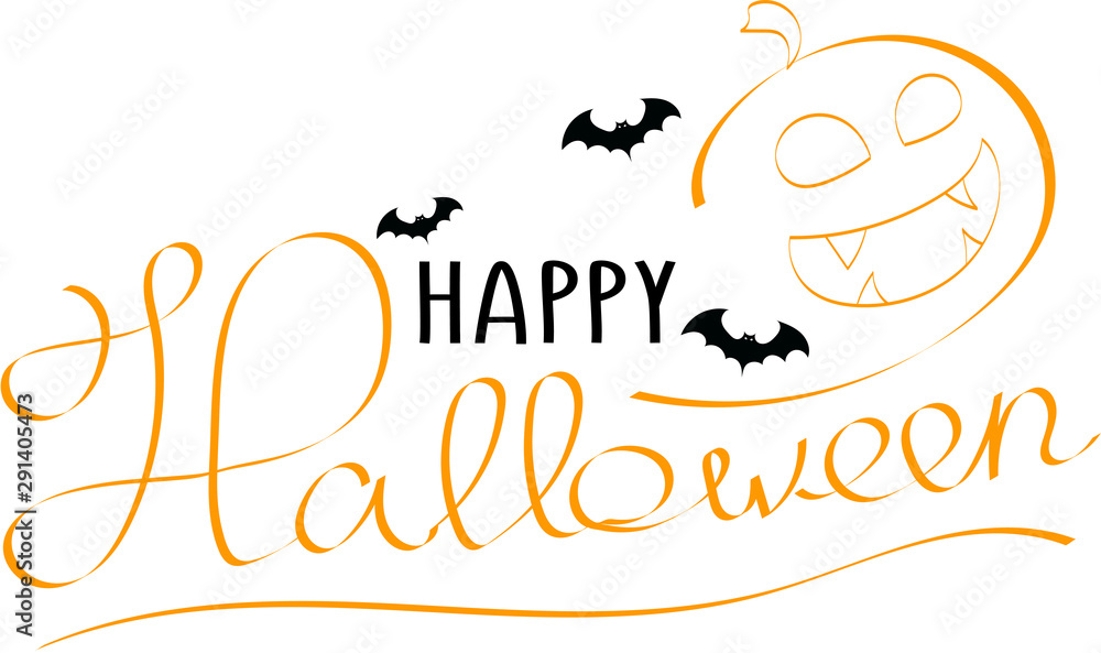 Vector calligraphic inscription Happy Halloween with bats and pumpkin.