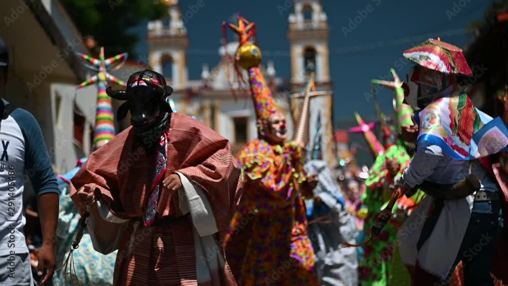 mexican dancers they are calls clowns or tocotines is a religious way to celebrate a holy maria magdalena in her patronal party at xico veracruz mexico mexican dancers they are calls clowns or tocotines is a religious way to celebrate a holy maria magdalena in her patronal party at xico veracruz mexico