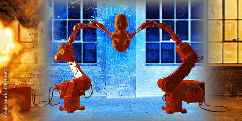 Fotografie Genetics, robotic manipulators create an artificial child, conceptual representa