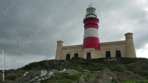 Cape Agulhas lighthouse against moody skies, panning shot