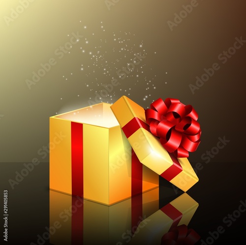 Opened gift box with red ribbon