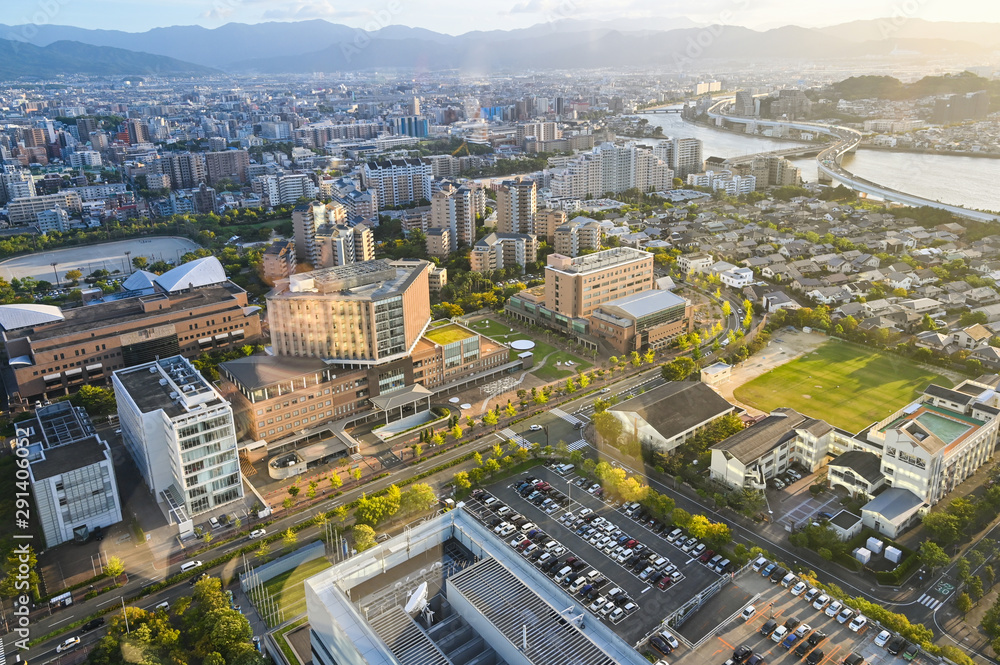 Naklejka premium Fukuoka cityscape during sunset from Fukuoka tower, Japan