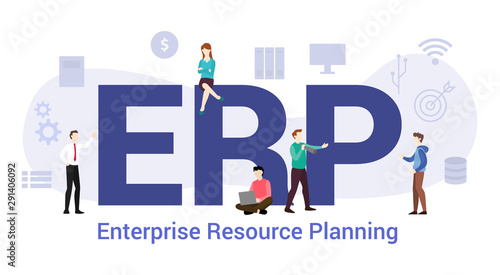 erp enterprise resource planning concept with big word or text and team people with modern flat style - vector