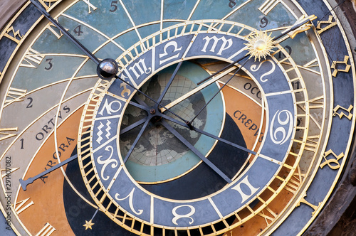 Close up view of the astronomical clock of Prague, Czech Republic.