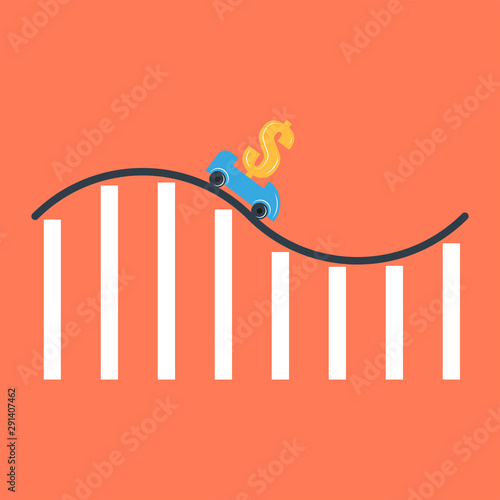 Interest rate reduction or dollar depreciation conceptual financial illustration, rollercoaster cart with a dollar sign on a roller coaster in the form of a financial report graph