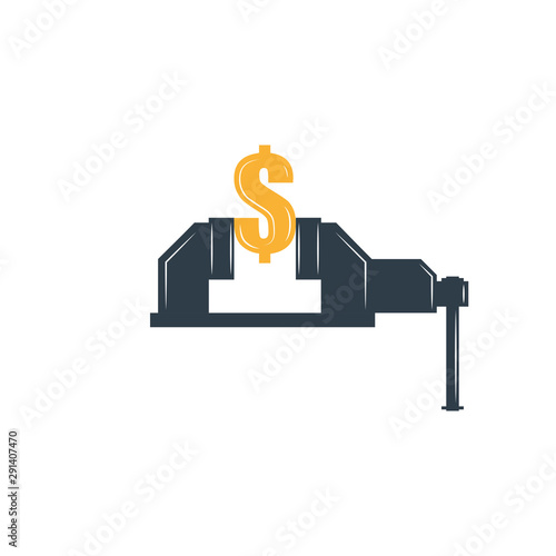 Rate cut financial concept graphic metaphor, dollar sign clamped in a bench vise as an economic illustration, depreciation of the American currency.