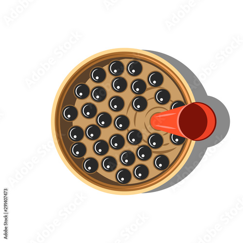 Bubble milk tea in a cup with a cocktail tube top view closeup, creative illustration for tapioca drink