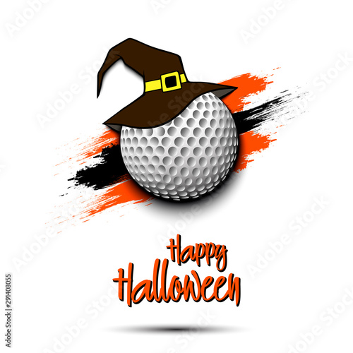 Golf ball with witch hat and happy Hallowen