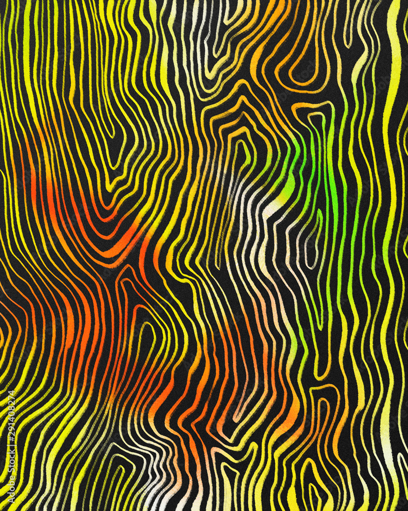 Abstract print with colorful curve lines on dark background. Applicable for greeting cards, wrapping paper, cosmetics packaging, posters, brochures, covers and banners.
