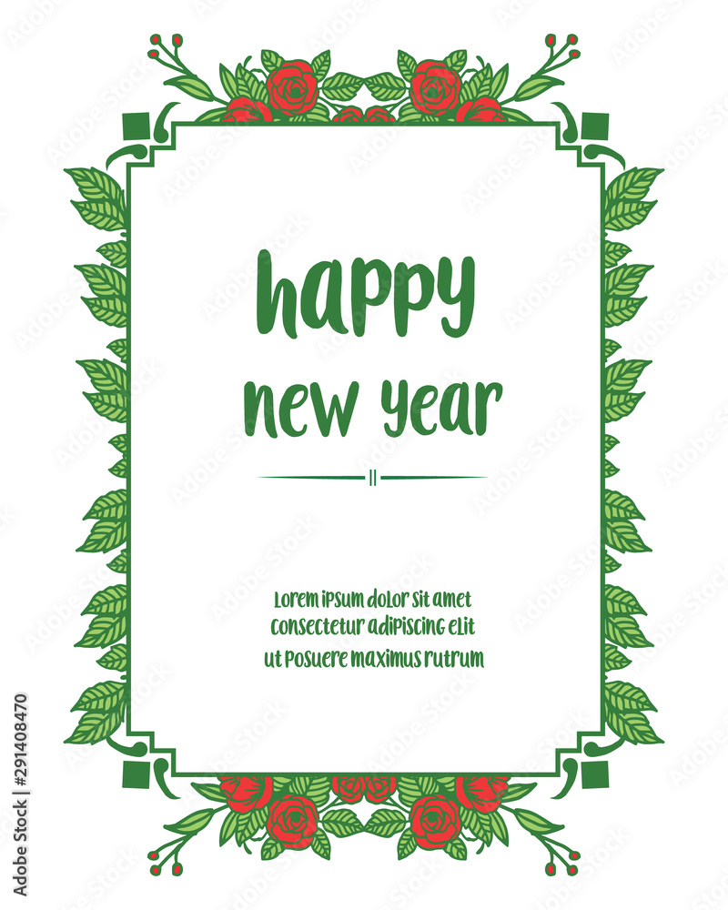 Greeting card or invitation happy new year, with red rose wreath frame on a white background. Vector