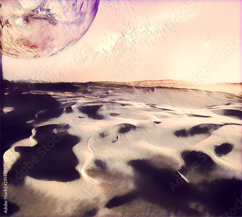 Sunrise over sand dunes with lonely person walking on alien planet - digital  artwork. Elements of this image furnished by NASA