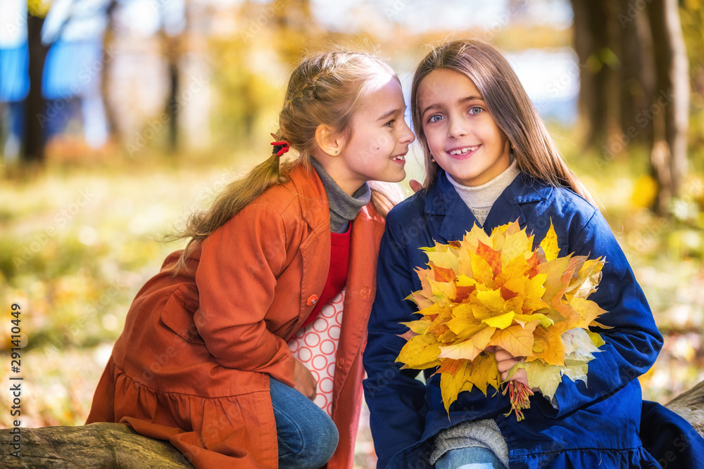 Fototapeta premium Two cute smiling 8 years old girls chatting in a park on a sunny autumn day. Friendship concept.