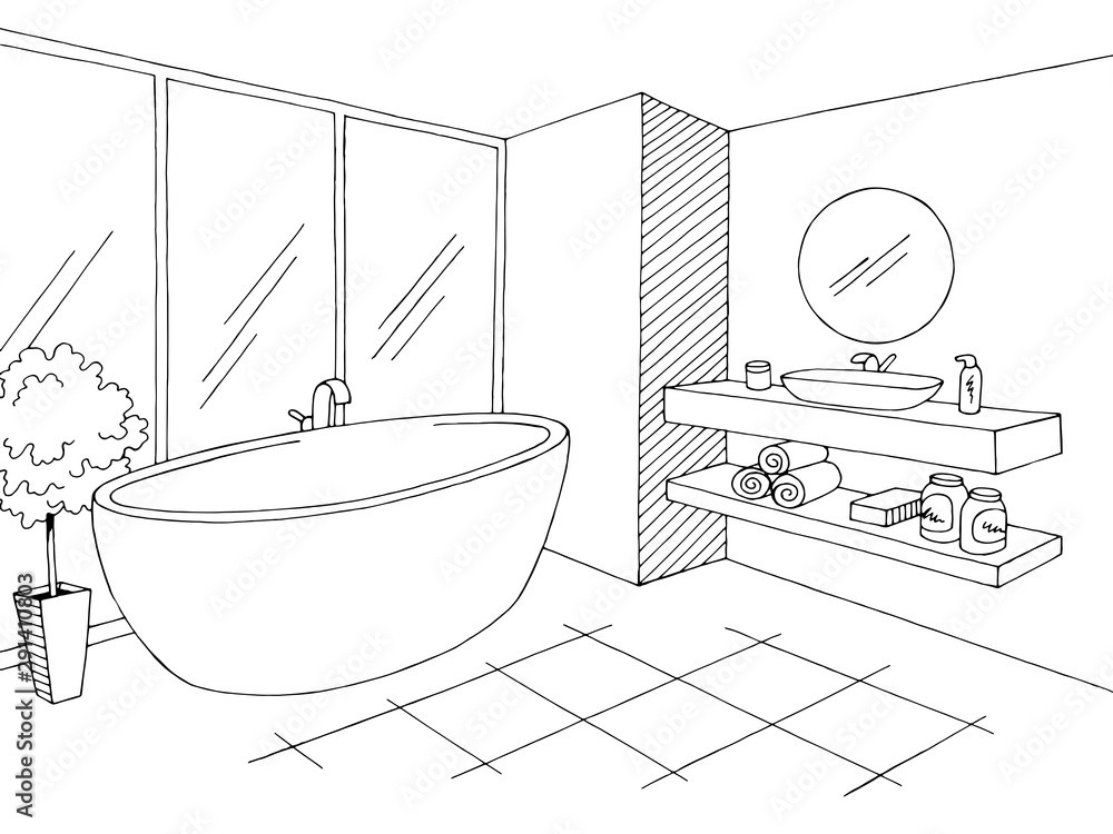 Bathroom graphic home interior black white sketch illustration vector