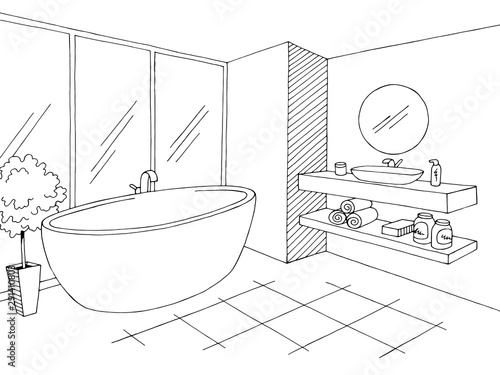 Bathroom graphic home interior black white sketch illustration vector