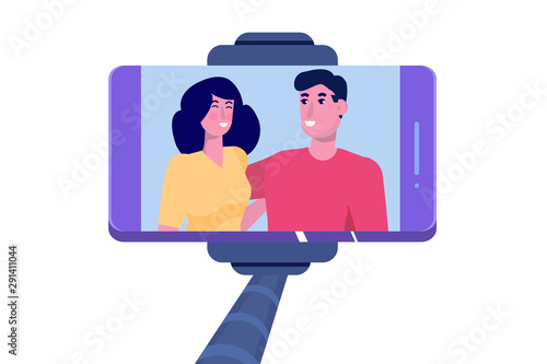 Smiling young Couple selfie on smartphone. Selfie stick monopod. Vector illustration.