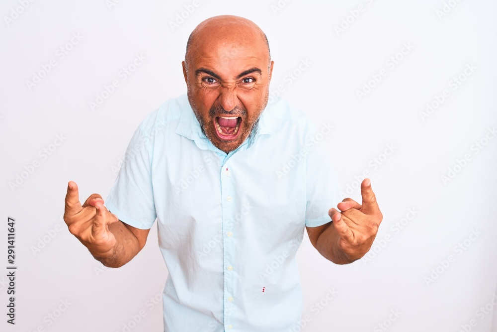 Naklejka premium Middle age handsome man wearing casual shirt standing over isolated white background shouting with crazy expression doing rock symbol with hands up. Music star. Heavy concept.