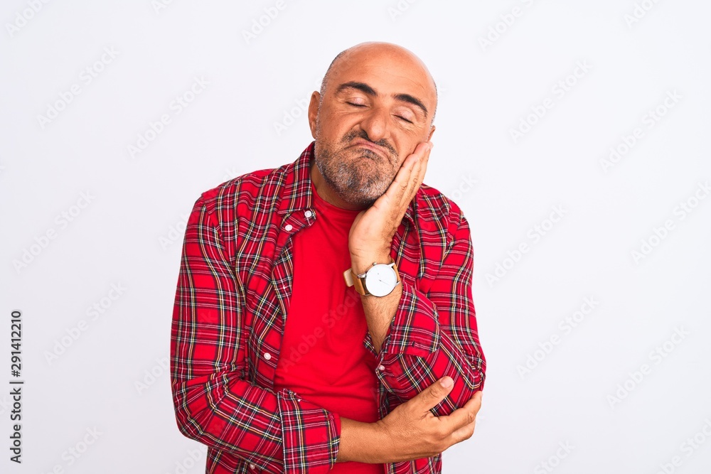 Middle age handsome man wearing casual shirt standing over isolated white background thinking looking tired and bored with depression problems with crossed arms. Middle age handsome man wearing casual shirt standing over isolated white background thinking looking tired and bored with depression problems with crossed arms.