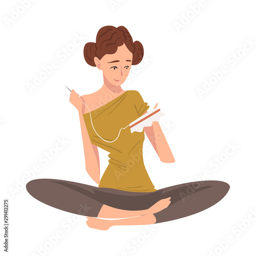 Girl Sitting on the Floor and Embroidering on the Canvas, Craft Hobby or Profession Vector Illustration