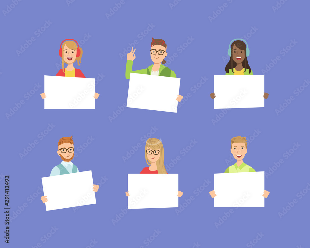 Cheerful People Holding Blank Banners Set, Happy Men and Women with White Placards with Copy Space for Text Vector Illustration Cheerful People Holding Blank Banners Set, Happy Men and Women with White Placards with Copy Space for Text Vector Illustration