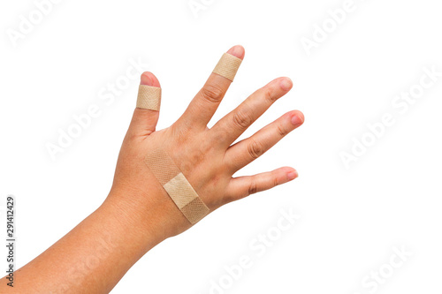 The hand with the plaster prevent wound from contact with germs isolated on white background.