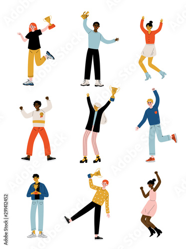 Young People with Winner Cups Set  Happy Positive Men and Women Celebrating Victory  Successful People Concept Vector Illustration